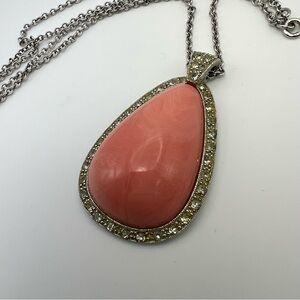 Vintage Avon Pink Faux Coral Cabochon Crystal Halo Pendant Necklace